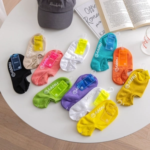 Close-up of colorful low-cut cotton socks with happy face icons and packaging tags