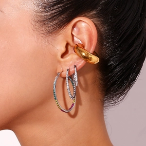 Fashion 18K gold plated stainless steel hoop earrings with colorful rhinestones on model