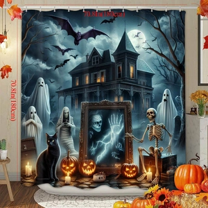 Detail showing 180x180cm Halloween shower curtain with ghost and castle print