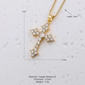 Vintage bohemian gold cross necklace with colorful CZ zircon stones and dimension details
