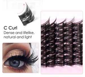 Macro view of C Curl cluster eyelashes showing dense natural volume and lifelike texture