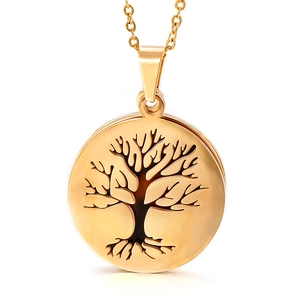 Elegant gold tree of life round pendant necklace made of plated stainless steel