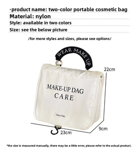 Cream nylon makeup bag dimensions 23x9x22cm with pearl handle and contrast branding
