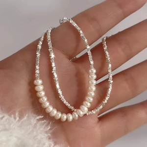 Elegant S925 sterling silver necklace with crushed silver beads and white pearls for women