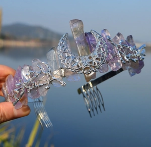 Detailed view of bohemian amethyst crystal crown with silver moon and comb fasteners