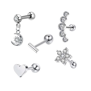 5-piece silver stainless steel stud set with zircon moon, star, heart, and clover designs