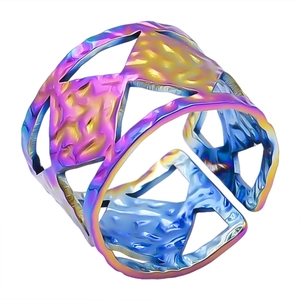 Detailed macro view of wide rainbow-colored stainless steel ring with hollow geometry