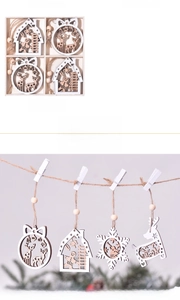 Macro detail of laser-cut wooden Christmas ornaments with reindeer and house designs