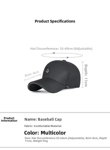 Detailed size chart for men's business baseball cap with adjustable strap and dimensions