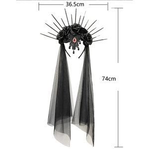 Gothic halo crown headpiece with black roses, red gem, and 74cm bridal veil for Halloween