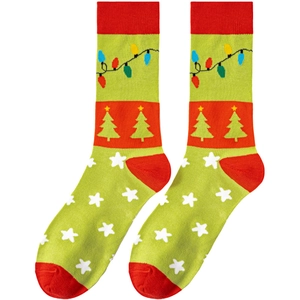 Detail of Christmas knit socks featuring vibrant festive lights and tree patterns