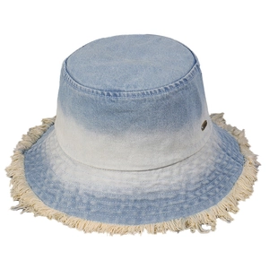 Gradient denim bucket hat with fringe brim and metal logo for sun protection