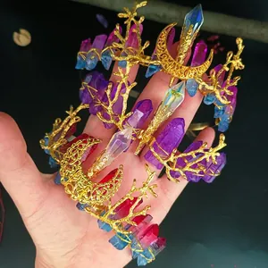 Handmade crystal crown featuring gold branch design with purple and blue quartz stones