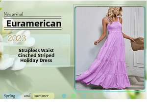 Detail of tiered purple striped maxi dress showing the smocked waist and layered skirt