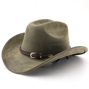 Classic army green suede cowboy hat with woven leather band and metal buckle accessory