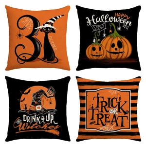 Detailed grid view of four Halloween linen pillow covers with festive orange and black patterns