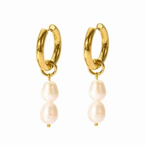 French style gold stainless steel earrings featuring natural baroque double pearls
