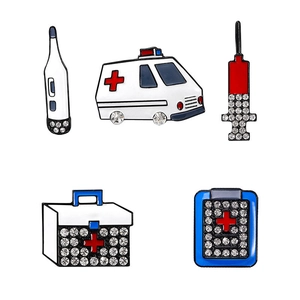 Medical themed enamel lapel pins set including ambulance, thermometer, and syringe