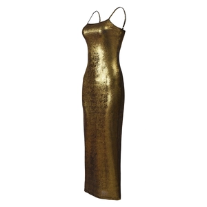 Detail of slim-fit backless gold dress showing metallic texture and side tailoring