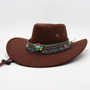 Macro detail of dark brown felt cowboy hat with ethnic beaded band and turquoise stone