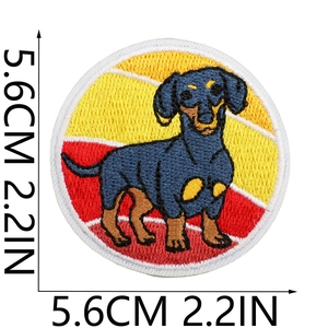 Detailed view of dachshund embroidery patch with 5.6cm size measurement indicators