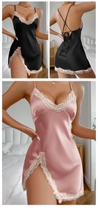 Détail d'une nuisette en satin de soie avec dentelle délicate et bretelles croisées