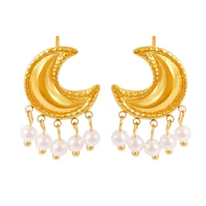 Retro Titanium Steel Moon Drop Earrings With Artificial Pearl Tassels Irregular Geometric Gold Plated Earrings For Women