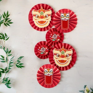 Chinese Lion Dance Party Decoration Paper Fan Banner Cards For Birthday Traditional Red Gold Style Hanging Wall Decor