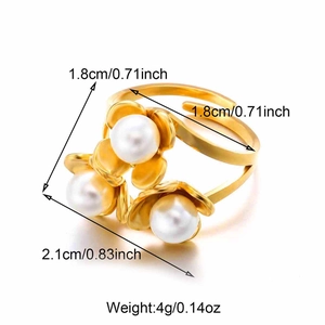 Bague florale en acier inoxydable plaqué or 18k avec perles blanches et anneau ajustable