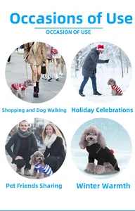 Detailed view of four winter dog sweaters featuring striped and snowflake knitted patterns