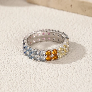 S925 Sterling Silver Ring featuring double rows of blue, orange, and yellow gemstones