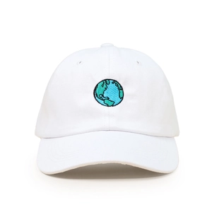 Close-up detail of the Earth embroidery on the white cotton twill baseball cap
