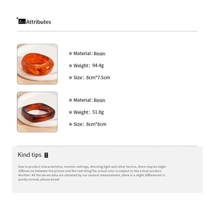 Detailed resin bangle dimensions and weight specifications with amber marble texture