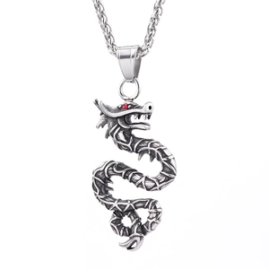 Vintage stainless steel dragon pendant necklace with red eye detail and woven chain