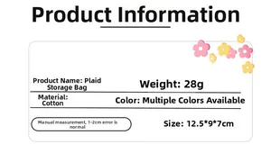 Detailed size and material specification chart for the plaid cotton cosmetic bag