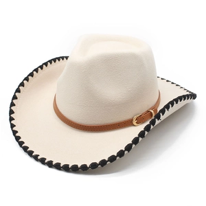 Cream felt cowboy hat with brown leather belt buckle and black woven stitched brim