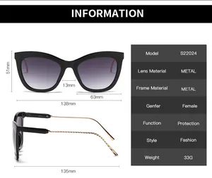Detailed size specifications for cat-eye sunglasses with metal frames and dimensions
