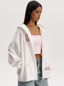 Felpa con cappuccio Y2K bianca da donna, taglio ampio con zip e stampe grafiche artistiche