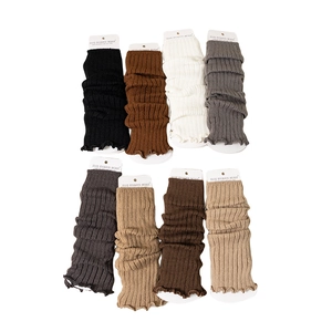 Girls' knit leg warmers in various colors featuring vertical ribbed texture and wavy edges