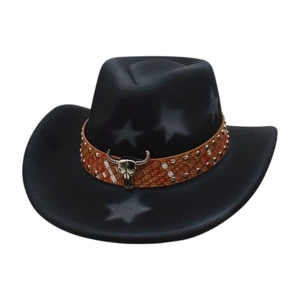 Western black felt cowboy hat with embroidered stars and a decorative bull skull leather band