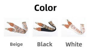 Detail of 5cm ethnic style embroidered bag straps in beige, black and white patterns