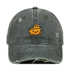 Distressed charcoal grey cotton baseball cap featuring cute cartoon cheese embroidery
