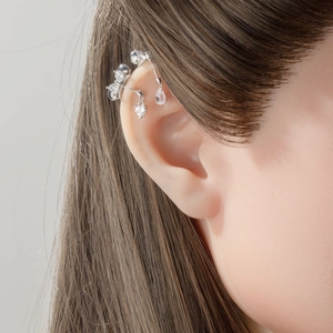 Polished titanium steel bow drop ear cartilage stud with heart and waterdrop crystals