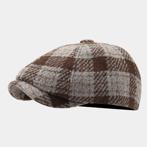 Retro brown plaid wool newsboy cap with classic Scottish check pattern for autumn and winter