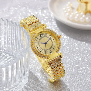 Detail of luxury gold watch with diamond-encrusted band and blue hands on silver background