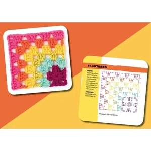 50 Crochet pattern cards with a colorful granny square sample on a vibrant background