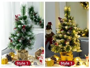 Mini 60cm frosted Christmas tree with pine cones and berries in burlap base style
