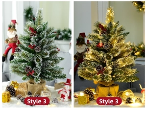 Mini 60cm snow-flocked Christmas tree with red berries, pinecones, and warm LED lights