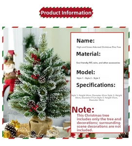 Detail of 60cm snow-dusted Christmas pine tree with red berries and pinecones on burlap base