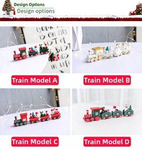 Detailed view of four styles of wooden Christmas trains with Santa and Snowman figures
